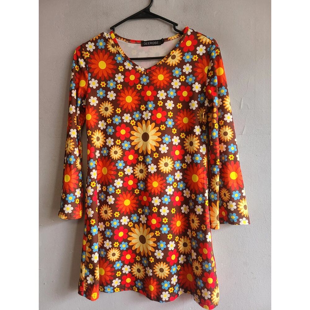 Girl's XL 14/16 hippie floral 70s-look dress long flared sleeves